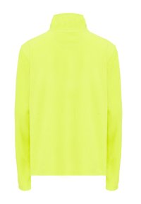 Pullover in pile fluorescente giallo con colletto alto, maniche lunghe e superficie liscia; dettaglio di cucitura minima lungo le cuciture.
