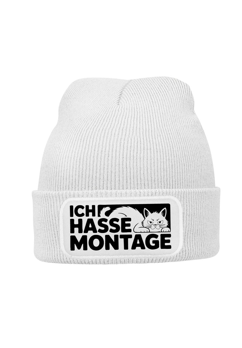 White knitted beanie with a folded cuff, featuring a rectangular graphic patch with the text "ICH HASSE MONTAGE" and an illustrated cat.