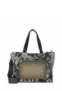 Schwarze und graue Muster-Henkeltasche mit zwei oberen Griffen, einem abnehmbaren Schultergurt und einer großen Fronttasche mit floralen Akzenten.
