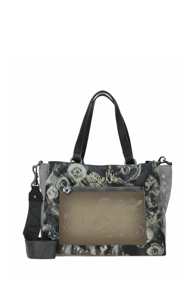 Schwarze und graue Muster-Henkeltasche mit zwei oberen Griffen, einem abnehmbaren Schultergurt und einer großen Fronttasche mit floralen Akzenten.