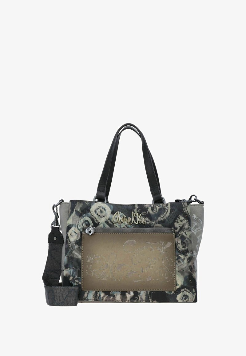 Schwarze und graue Muster-Henkeltasche mit zwei oberen Griffen, einem abnehmbaren Schultergurt und einer großen Fronttasche mit floralen Akzenten.