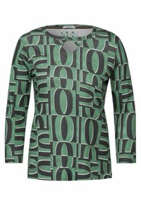 Maglietta a maniche lunghe realizzata in morbido tessuto con un motivo geometrico verde e grigio, caratterizzata da un dettaglio con scollatura a chiave e una vestibilità morbida.