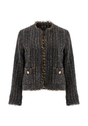 Tweedjacke mit einem strukturierten dunkelblauen und braunen Muster, Rundhalsausschnitt, ausgefransten Kanten, vorderem Knopfverschluss und zwei Taschen.
