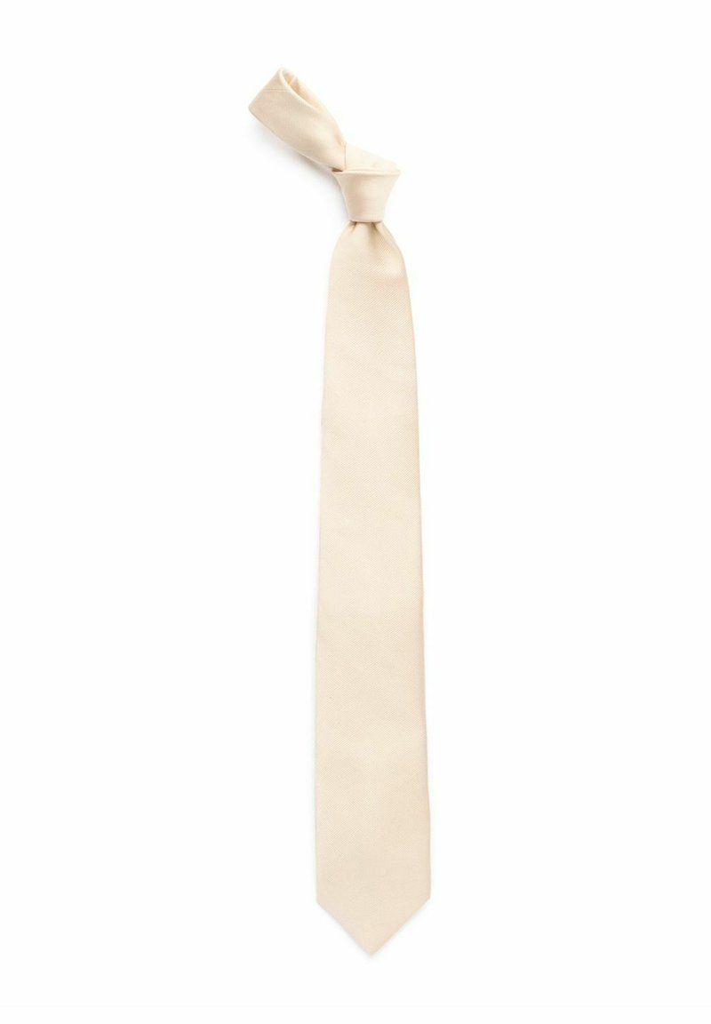 Beige slips med en strukturerad yta, med en knuten topp och en rak avsmalnande ände. Enkel design, lätt material.