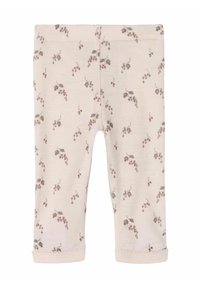 Ljusbeige leggings med ett fint mönster av små, dämpade bruna druvor och blad; har en mjuk, elastisk midja och ribbade ärmslut.