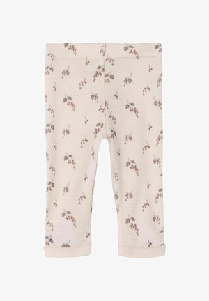 Šviesiai smėliniai kojinės su subtiliu mažų, švelnių rudų vynuogių ir lapų raštu; turi minkštą, elastingą juosmenį ir raukšlėtus manžetės.