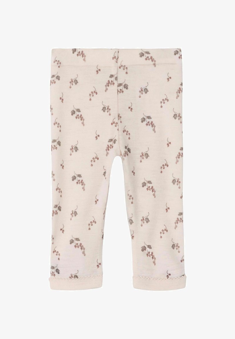 Lichte beige leggings met een delicaat patroon van kleine, gedempte bruine druiven en bladeren; voorzien van een zachte, rekbare tailleband en geribde boorden.