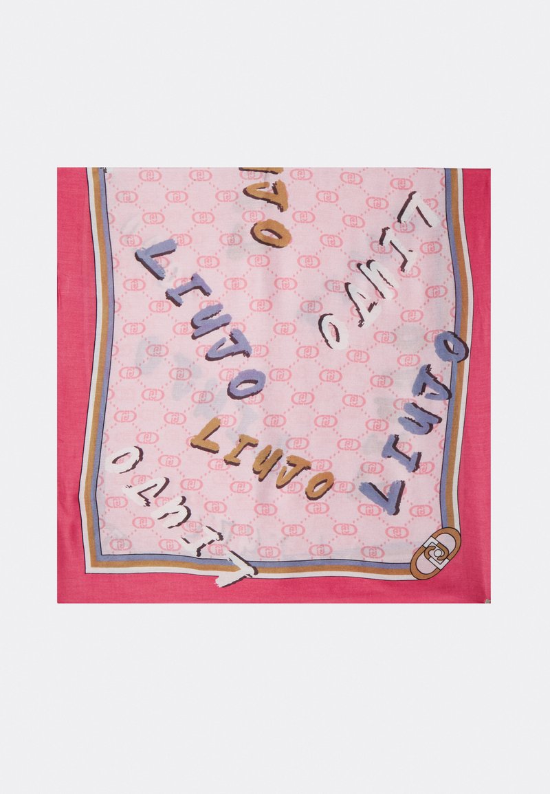 Foulard di seta con uno sfondo rosa caratterizzato da un design a motivo e accenti testuali multicolori. I bordi sono rifiniti in rosa solido e oro.