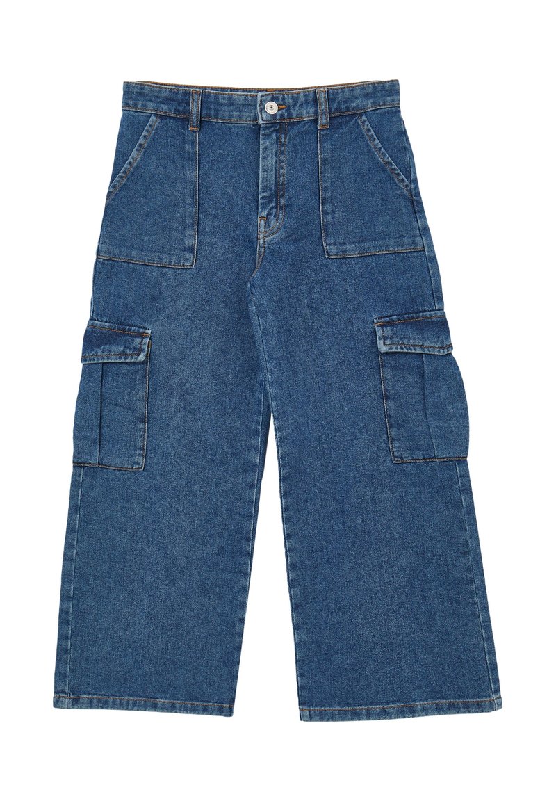 Pantaloni cargo in denim blu con vita alta, cinque tasche e stile a gamba larga. Presentano cuciture a contrasto e chiusura con bottone.