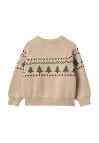 Beige gebreide trui met een geribde ronde hals, met groene bomen en rode accenten in een geometrisch patroon langs het juk.