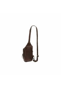 Sac bandoulière en cuir marron avec une surface texturée, une seule sangle réglable, plusieurs poches zippées et un fond arrondi pour la stabilité.