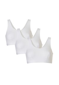 Witte sportbeha's in een set van drie, met een gladde stof, ronde halslijn, brede banden en een naadloos ontwerp voor comfort.