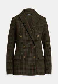 Dubbelgeknoopte blazer in donkergroen tweed met een geruit patroon, voorzien van gouden knopen, gesneden revers en voorzakken met klep.