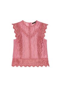 Pink lace ärmelloses Oberteil mit gewelltem Saum, das über filigrane Muster und einen Reißverschluss auf der Rückseite verfügt, strukturiert und leicht.