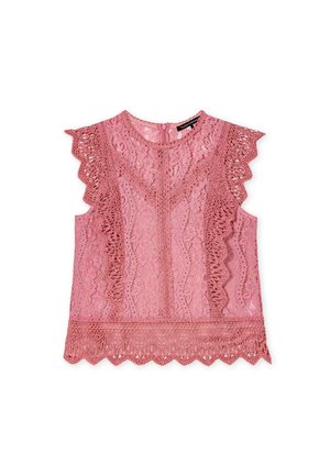 Pink lace ärmelloses Oberteil mit gewelltem Saum, das über filigrane Muster und einen Reißverschluss auf der Rückseite verfügt, strukturiert und leicht.