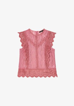 Pink lace sleeveless top with scalloped edges, featuring intricate patterns and a zipper closure at the back, textured and lightweight.
