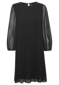 Schwarzes Kleid mit einem gerippten Oberteil und transparenten langen Ärmeln. Faltenrock-Design, das von der Taille abwärts verläuft, mit einem Schlüssellochverschluss hinten.