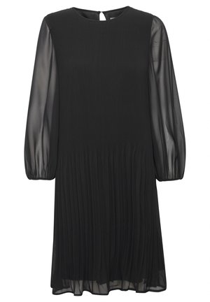 Musta mekko, jossa on ribbaustettu yläosa ja läpikuultavat pitkät hihat. Pleatattu muotoilu ulottuu vyötäröstä, jossa on avokaula-aukollinen takasulku.