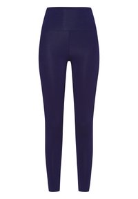 Leggings blu navy con una vita alta, realizzati in un materiale liscio e elasticizzato. Il design presenta una forma aderente senza motivi.