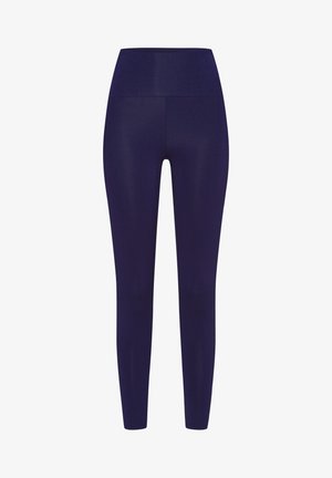 Leggings blu navy con una vita alta, realizzati in un materiale liscio e elasticizzato. Il design presenta una forma aderente senza motivi.