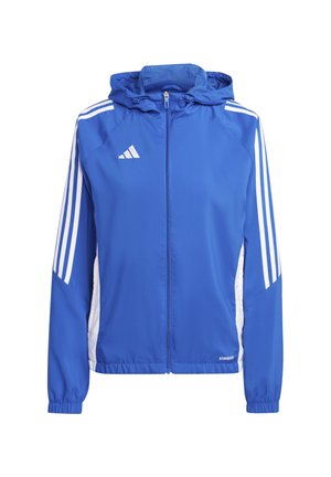 Giacca leggera blu con cappuccio, pannelli laterali bianchi e tre strisce bianche su ciascun spalla. Presenta una cerniera completa e polsini elasticizzati.