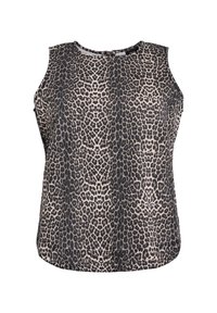 Mouwloos topje met luipaardprint, featuring een zwart en beige patroon, ronde hals en een rechte zoom. Zachte stof met een gladde textuur.