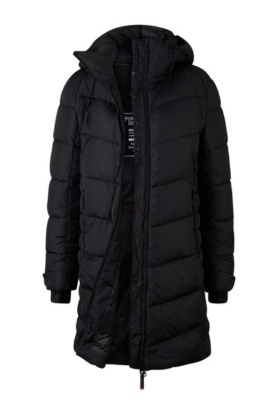 Black puffer jacket with a hood and a zip front. Features a quilted design, elastic cuffs, and a slightly longer length for added warmth.