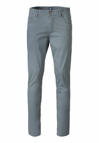Men's slim-fit pants in light grey cotton fabric, featuring five pockets, button closure, and a smooth texture for comfort and versatility.