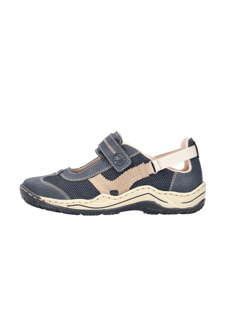 Blue and beige athletic shoe with a mesh upper, Velcro strap, contoured sole, and textured detailing. Features an adjustable heel strap.