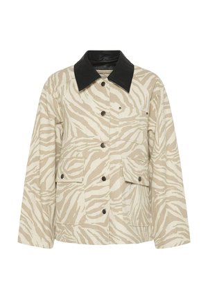 Bézs és krémszínű zebramintás dzseki fekete bőrgallérral, elöl gombos záródással és két rátét zsebbel. Texturált anyagból.