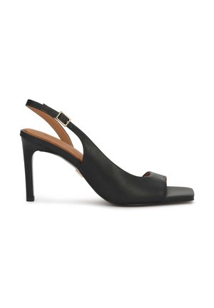 Schwarze Leder-Slingback-Sandale mit hohem Absatz, offenem Zehenbereich, verstellbarem Schnallenriemen und quadratischer Vorderkappe.