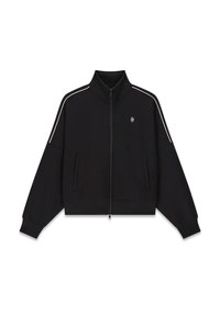 Czarna kurtka zapinana na zamek z miękkiego materiału, z wysokim kołnierzem, dwoma przednimi kieszeniami oraz białymi paskami na bokach ramion.