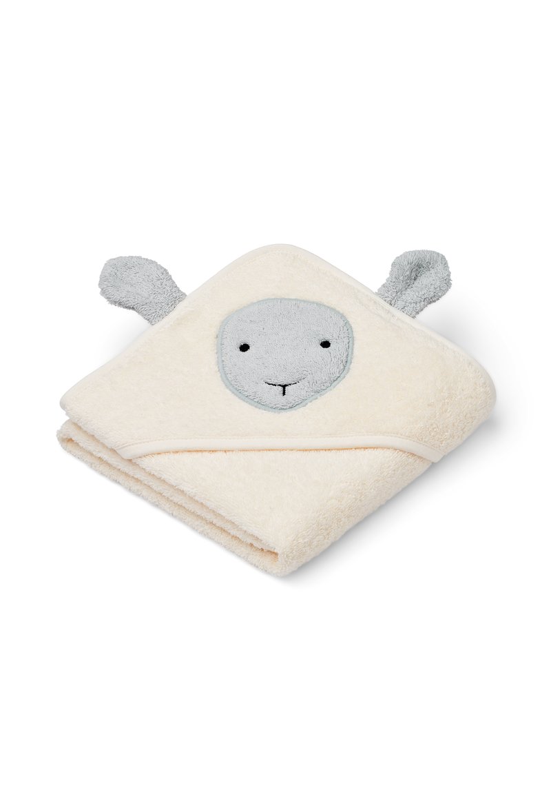 Cream towel with gray accents, shaped like a hooded animal. Features a gray face with stitched eyes and ears on the sides. Soft texture.