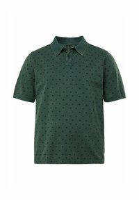 Tmavě zelené polo tričko vyrobené z bavlny, s texturovaným vzorem malých černých diamantů, s límečkem a zapínáním na tři knoflíky.