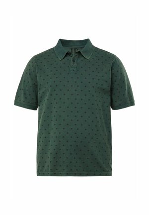 Donkergroene polo shirt van katoen, met een gestructureerd patroon van kleine zwarte diamanten, voorzien van een kraag en een knoopsluiting met drie knopen.