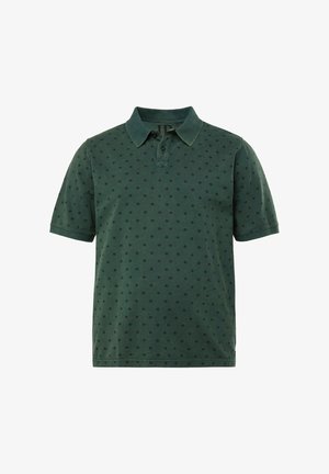 Donkergroene polo shirt van katoen, met een gestructureerd patroon van kleine zwarte diamanten, voorzien van een kraag en een knoopsluiting met drie knopen.