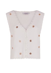 Cardigan bianco senza maniche con un collo a scallop, caratterizzato da decorazioni floreali dorate e una chiusura a bottoni sul davanti.