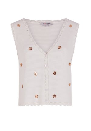 Cardigan bianco senza maniche con un collo a scallop, caratterizzato da decorazioni floreali dorate e una chiusura a bottoni sul davanti.