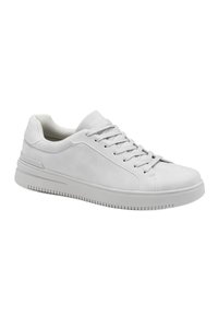 Weiße synthetische Ledersneaker mit runder Zehenpartie, flacher Gummisohle, Schnürung und minimalistischen Design. Strukturelle Akzente an den Seiten.