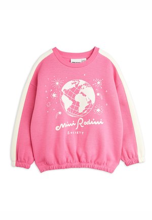 Felpa rosa con dettagli bianchi, presenta una grafica del globo e la scritta "Mini Rodini Society". Realizzata in tessuto morbido con una vestibilità rilassata.