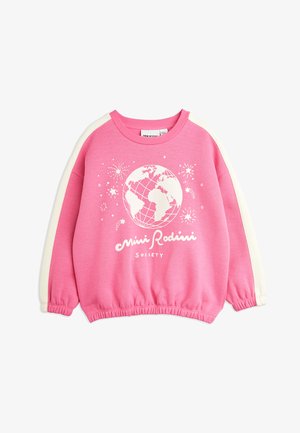 Felpa rosa con dettagli bianchi, presenta una grafica del globo e la scritta "Mini Rodini Society". Realizzata in tessuto morbido con una vestibilità rilassata.