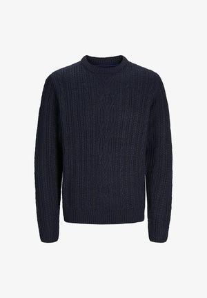 Mørkeblå strikkegenser med kabelmønster, rund halslinning og ribbestrikkede mansjetter. Har en teksturert overflate og slim-fit silhuett.