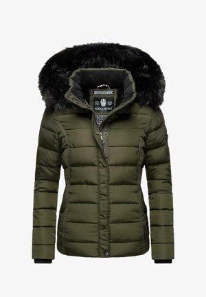 Polstret olivengrønn jakke med avtakbar svart faux fur hette, med glidelås og sidelommer. Teksturert stoff med quiltet design.