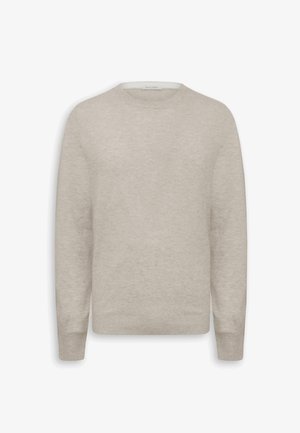 Suéter de cuello redondo color beige claro con mangas largas y puños y dobladillo acanalados, mostrado plano sobre un fondo blanco.