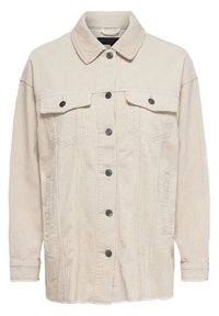 Veste en velours côtelé beige avec un col à revers, une fermeture à boutons sur le devant, deux poches poitrine et des côtes verticales texturées sur l'ensemble.