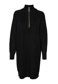 Abito in maglia nero con colletto alto, dotato di una zip centrale argentata, maniche lunghe e polsini a costine per una maggiore texture e vestibilità.