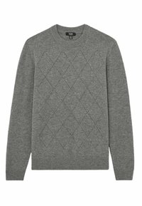 Pull gris à manches longues, col rond, avec un motif en losanges brodé sur le devant, fabriqué en tissu tricot doux.