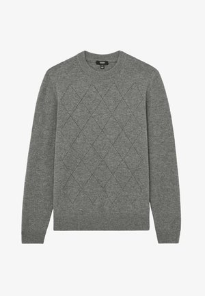 Harmaa neulepusero pitkillä hihoilla, pyöreällä pääntieellä ja timanttimaisella kuviolla edessä, valmistettu pehmeästä neuloksesta.