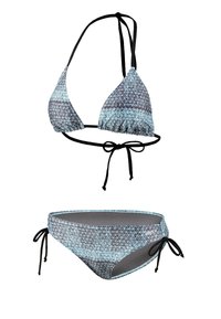 Ensemble de bikini comprenant un haut triangulaire et un bas assorti. Tissu doux avec un motif géométrique bleu et noir. Se noue dans le dos et sur les côtés.