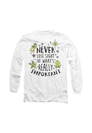 Long-sleeve white T-shirt featuring black text and illustrations of insects and plants, stating "NEVER LOSE SIGHT OF WHAT'S REALLY IMPORTANT."